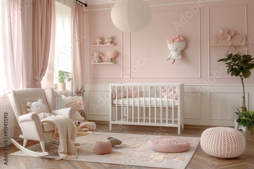 Baby nursery with pastel pink and white decor, empty wall for mockup, crib in center, rockers, shelves with decorative boxes, soft toys, plush carpet, cozy atmosphere