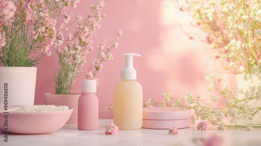 Elegant display of spa products, Spa products displayed on white table with fresh flower buds on pink background Elegant display of spa products, Spa products displayed on white table with fresh flower buds on pink background