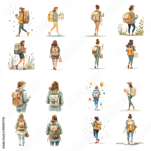 A series of drawings of people walking with backpacks