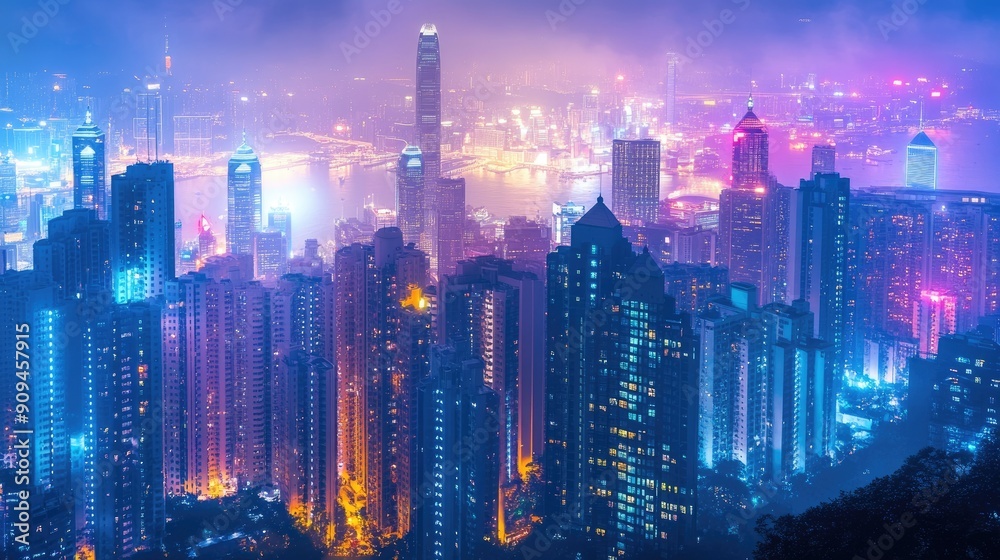 Top view of the Hong Kong skyline from Kowloon side, with colorful city lights and a lively nightlife atmosphere captured in the night Top view of the Hong Kong skyline from Kowloon side, with colorful city lights and a lively nightlife atmosphere captured in the night
