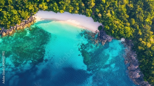 Top-down drone shot of Koh Rong Sanloem Island, showcasing the s serene beaches and vibrant blue waters in Sihanoukville photo