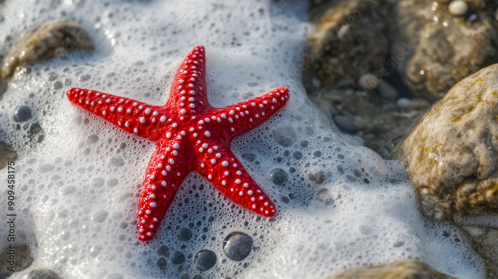 Red starfish on rocky shore with sea foam Red starfish on rocky shore with sea foam