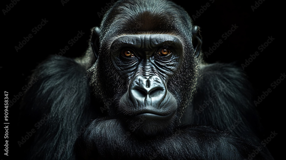 Close-up of a gorilla's face with intense gaze. Close-up of a gorilla's face with intense gaze.