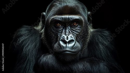 Close-up of a gorilla's face with intense gaze.