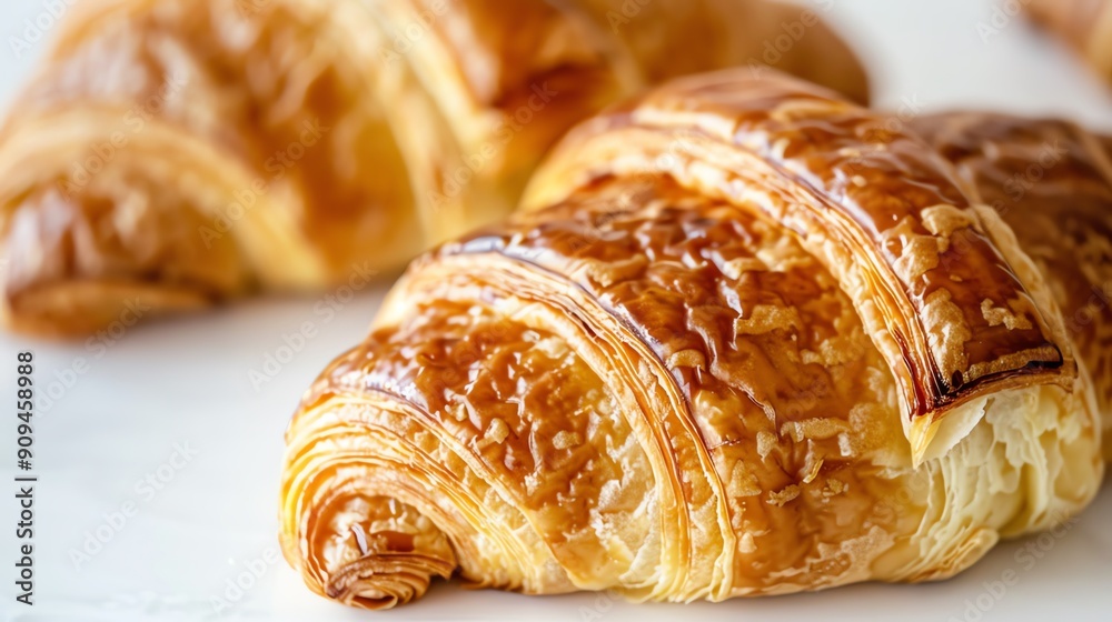 Golden brown croissant with a light, airy interior, closeup, against a white background Golden brown croissant with a light, airy interior, closeup, against a white background