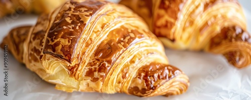 Golden croissant with a rich, buttery exterior, closeup, against a white background photo