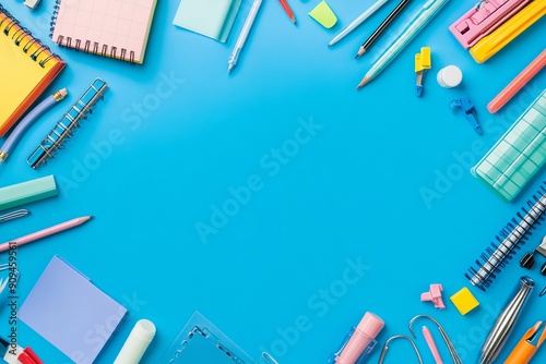 chool supplies on blue background stock photo Education, Backgrounds, Desk, Office Supply, Table