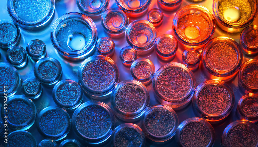 Closeup of abstract background with glass jars with different essential oil illuminated by color lights Closeup of abstract background with glass jars with different essential oil illuminated by color lights