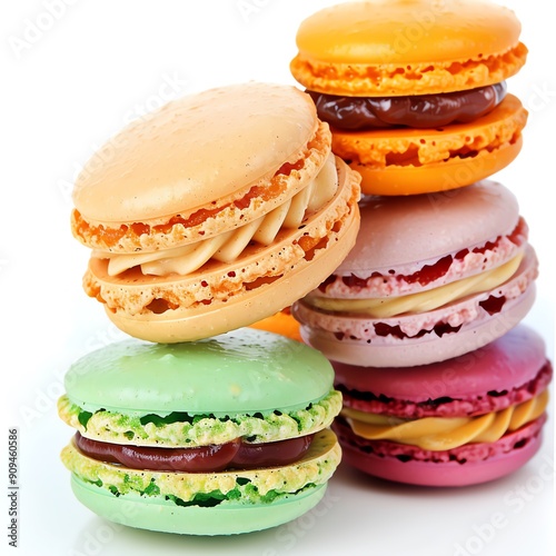 Brightly colored macarons with a glossy finish, stacked, against a white background