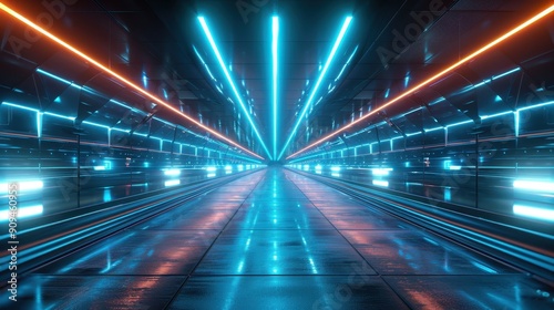 Futuristic Neon Tunnel with Vibrant Blue and Orange Lights Reflecting on Shiny Floor in a Symmetrical Perspective