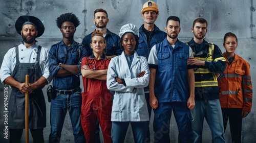 professional group portrait for Labor Day, where each person is dressed in the uniform of their trade.