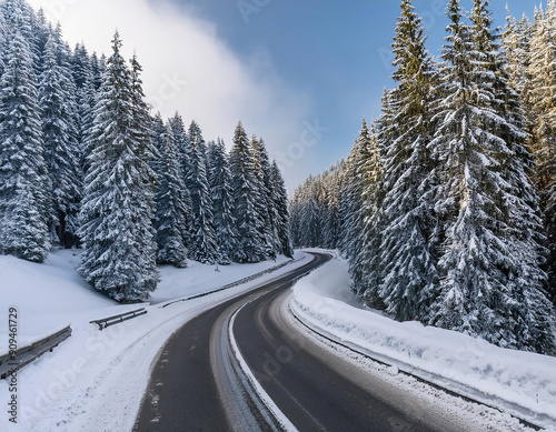 Winding road through snow-covered coniferous trees with foggy sky