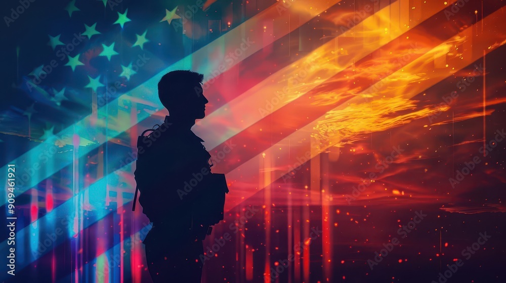 soldiers silhouette merging with american flag transitioning from uniform to flowing stripes sunset creating prism effect soldiers silhouette merging with american flag transitioning from uniform to flowing stripes sunset creating prism effect