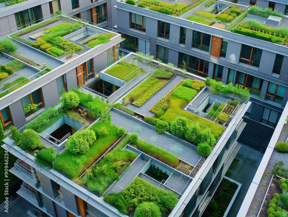 Aerial view of modern buildings with lush green rooftop gardens, showcasing urban sustainability and innovative architecture.