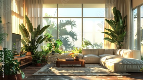 Bright and stylish living room with plants  cozy sofa  and large windows letting in natural light and outdoor views.