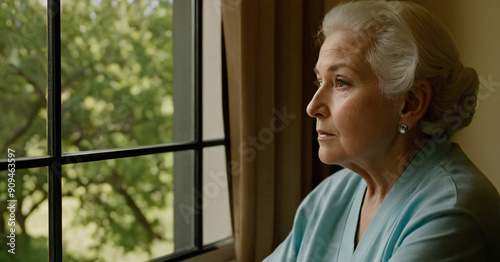 an elderly patient gazing out of a window  bathed in soft  natural light