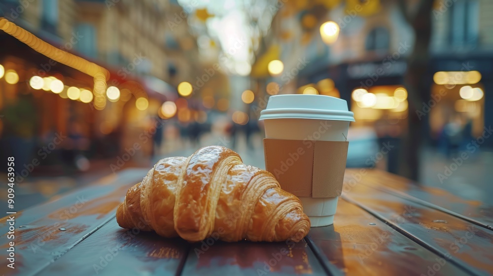 Scrumptious croissant and coffee on city coffee table in a vibrant urban outdoor setting Scrumptious croissant and coffee on city coffee table in a vibrant urban outdoor setting