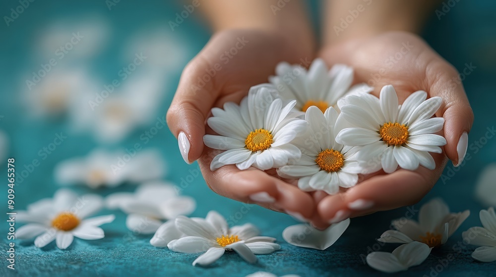 Hands gently holding daisies with a soft, serene background. Hands gently holding daisies with a soft, serene background.