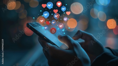 Close-up of person's hand using smart phone and typing message for communication with social media icons. Network technology concept