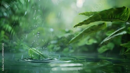 A vivid depiction of a water drop falling on a tropical leaf during a gentle rain, showcasing the lush greenery and the dynamic interaction of water with plant life.