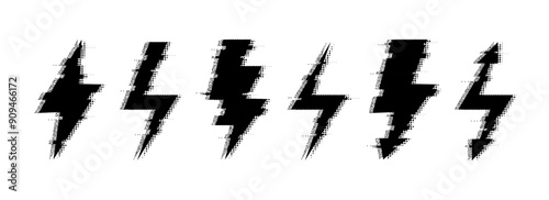 Halftone grunge lightning bolt collection. Dotted thunder bolt symbol set. Rough pixel flash thunderbolt element pack for poster, banner, graphic design. Textured grain arrow sign bundle. Vector