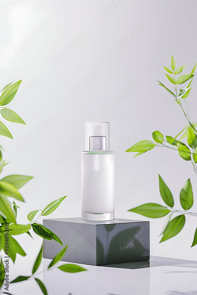 Elegant Frosted Glass Skincare Bottle on Stone with Bamboo Background Elegant Frosted Glass Skincare Bottle on Stone with Bamboo Background