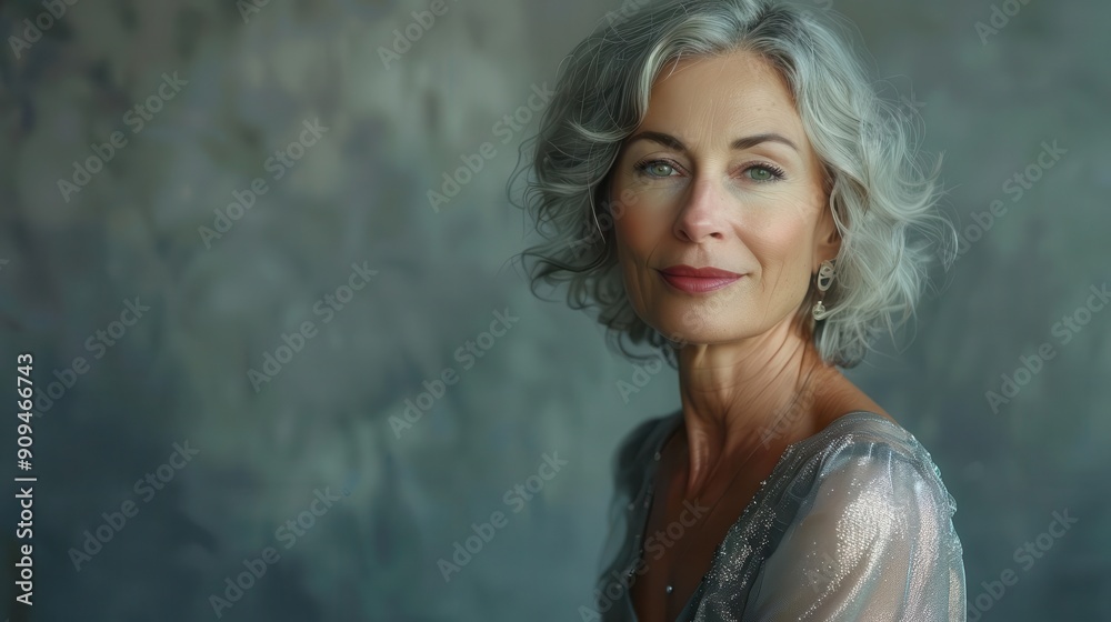timeless elegance studio portrait of graceful middleaged woman in flowing iridescent gown against shimmering grey backdrop soft lighting enhancing natural beauty and confidence