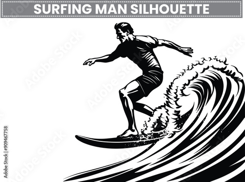 illustration of a man jumping, Surfer Silhouette, Sporty Surfer Man Riding Ocean Waves on a Surfboard  Vector Illustration. Embrace the thrill of surfing with surfboards, surfers, and ocean adventures