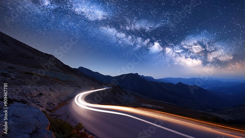 Long exposure shot of a deserted mountain road at night headlights illuminate winding path ahead, casting dynamic light trails that contrast against the dark, serene landscape