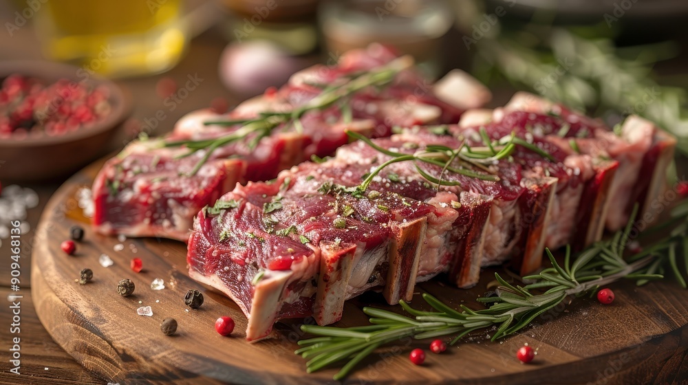 Freshly Prepared Raw Lamb Ribs with Herbs and Spices on Wooden Cutting Board in Rustic Kitchen Setting Freshly Prepared Raw Lamb Ribs with Herbs and Spices on Wooden Cutting Board in Rustic Kitchen Setting