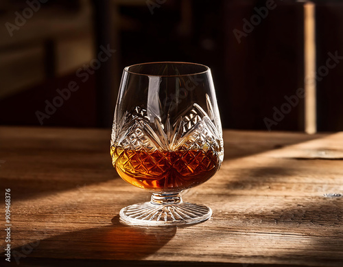 Old fashioned crystal cognac glass on wooden table