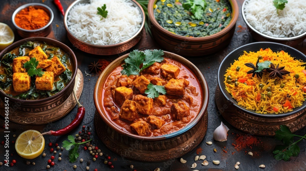 vibrant indian feast laid out on a rustic dark table aromatic dishes like chicken tikka masala palak paneer and saffron rice create a mouthwatering display of colors textures and flavors vibrant indian feast laid out on a rustic dark table aromatic dishes like chicken tikka masala palak paneer and saffron rice create a mouthwatering display of colors textures and flavors