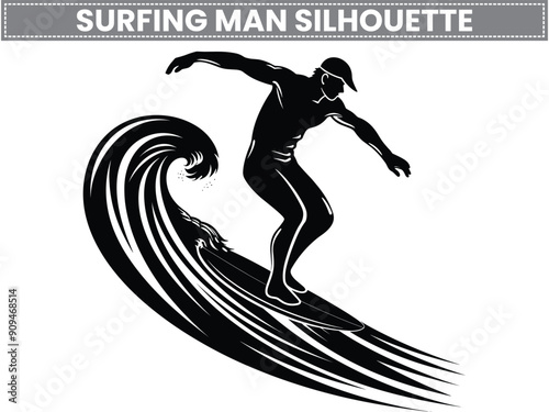 silhouette of a surfer, Surfer Silhouette, Sporty Surfer Man Riding Ocean Waves on a Surfboard  Vector Illustration. Embrace the thrill of surfing with surfboards, surfers, and ocean adventures.