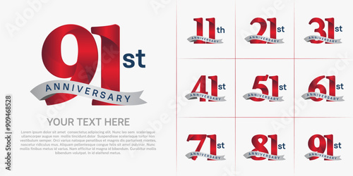 anniversary logotype set vector, red color and silver ribbon for special day celebration