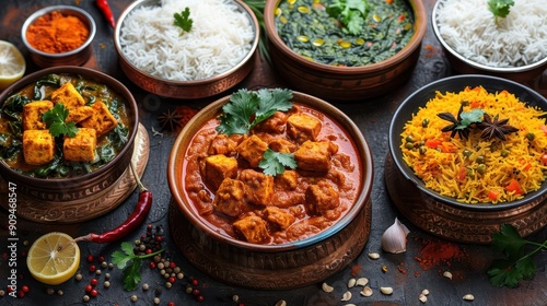 vibrant indian feast laid out on a rustic dark table aromatic dishes like chicken tikka masala palak paneer and saffron rice create a mouthwatering display of colors textures and flavors