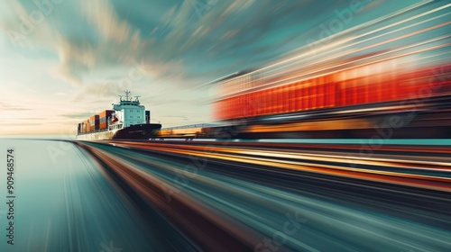 Composite image of a cargo ship and a freight train in motion. photo