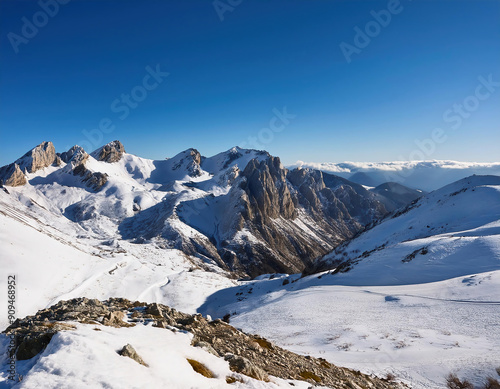 Winter in the italian dolomites, with snow and blue sky photo