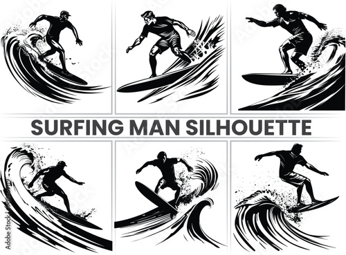 Surfer Silhouette, Sporty Surfer Man Riding Ocean Waves on a Surfboard  Vector Illustration. Embrace the thrill of surfing with surfboards, surfers, and ocean adventures.