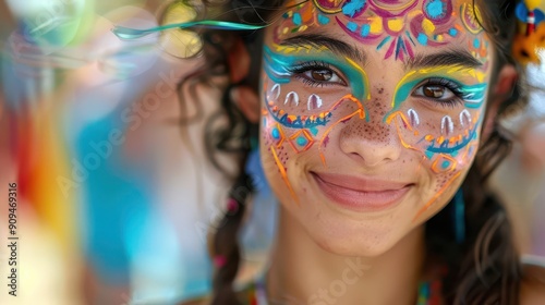 vibrant young woman with intricate face paint smiling joyfully colorful swirls and patterns adorn her cheeks and forehead capturing a festive atmosphere