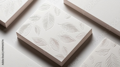 Recycled paper business cards with embossed leaf designs, Sustainable promotional products, Nature-inspired design photo