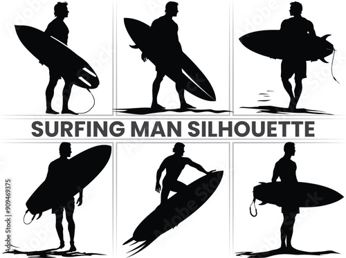 silhouettes of people, Surfer Silhouette, Sporty Surfer Man Riding Ocean Waves on a Surfboard  Vector Illustration. Embrace the thrill of surfing with surfboards, surfers, and ocean adventures.