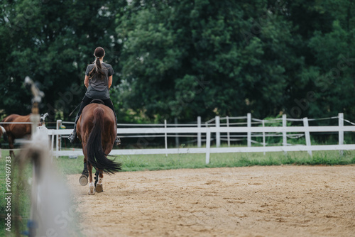 Girl riding a horse at a ranch, emphasizing equestrian training and outdoor leisure in a serene natural setting.