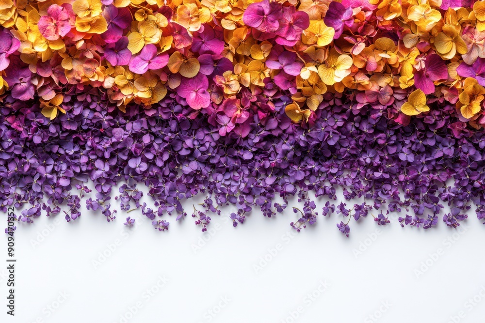 A vibrant arrangement of hydrangea flowers in shades of pink, orange, and purple, forming a gradient from top to bottom. A vibrant arrangement of hydrangea flowers in shades of pink, orange, and purple, forming a gradient from top to bottom.