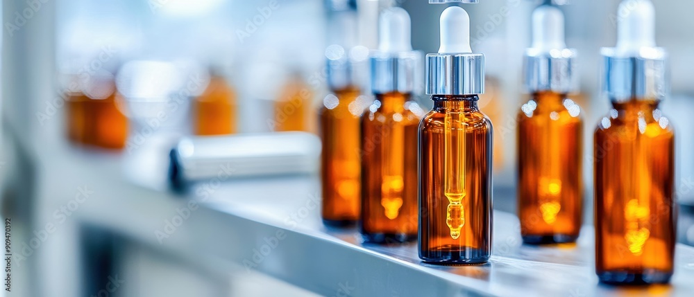 Advanced cosmetic manufacturing in a sleek factory, rows of amber dropper bottles on a production line Advanced cosmetic manufacturing in a sleek factory, rows of amber dropper bottles on a production line