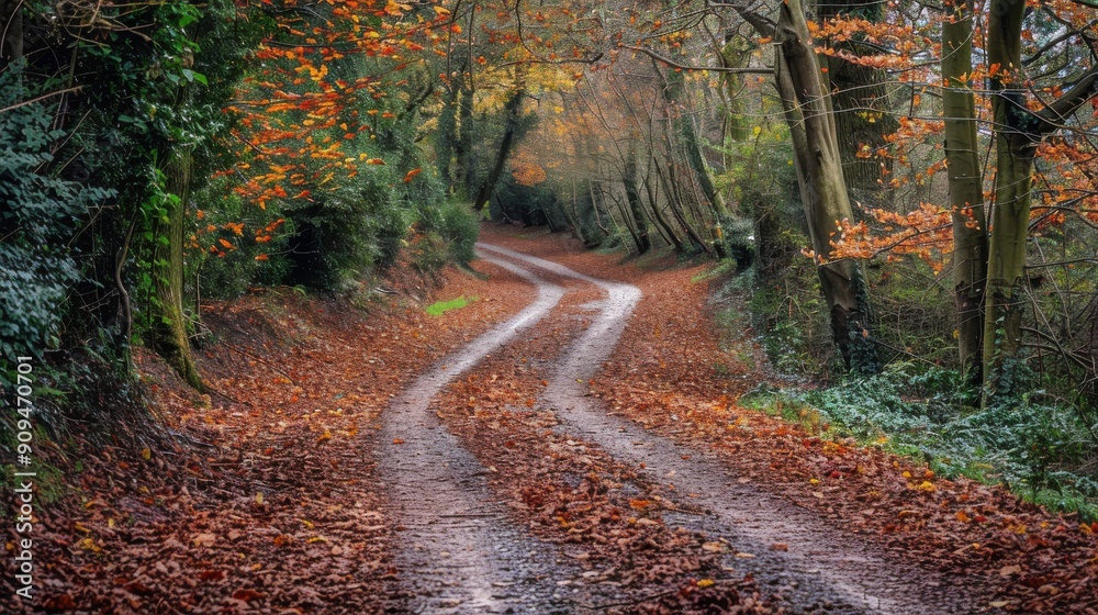 Fototapeta premium A dirt road winds through a dense forest on a cloudy day. The trees are a mix of evergreens and deciduous trees, many of which have turned shades of yellow, orange, and red for fall. Fallen leaves cov
