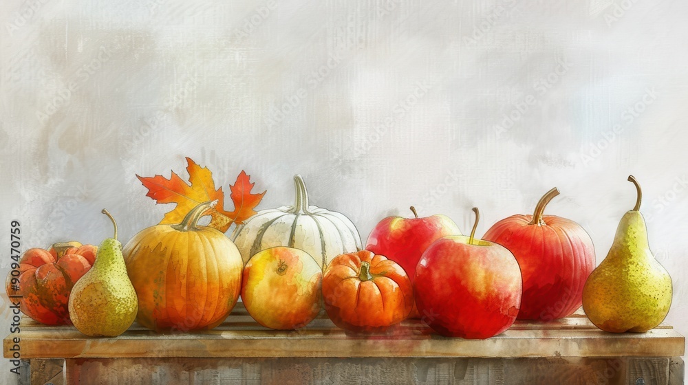 A still life of assorted fruits and vegetables, including pumpkins, apples, and pears, arranged on a wooden table in front of a white wall. A single autumn leaf sits atop the pumpkins. The image is re A still life of assorted fruits and vegetables, including pumpkins, apples, and pears, arranged on a wooden table in front of a white wall. A single autumn leaf sits atop the pumpkins. The image is re