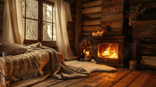 A rustic cabin interior with a wood burning fireplace and a large window overlooking the forest. A soft blanket is draped across a bed near the fire. The warm glow of the fire illuminates the room, cr