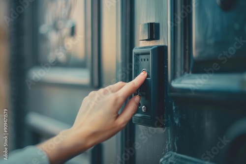 Woman using intercom system, entering security code on keypad to unlock the door