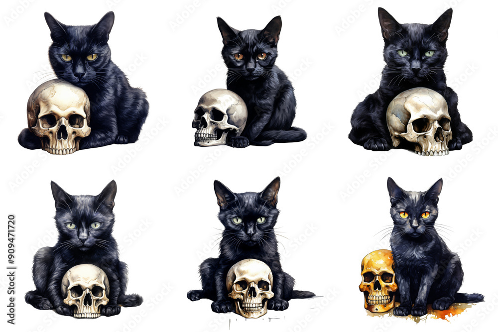 Six Black Cats Sitting With Skulls Six Black Cats Sitting With Skulls