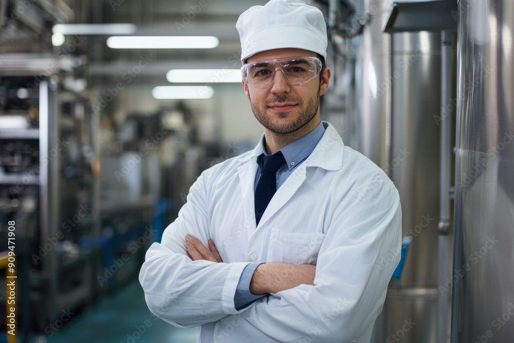 Fototapeta premium Portrait of a factory company manager overseeing product quality control, Generative AI